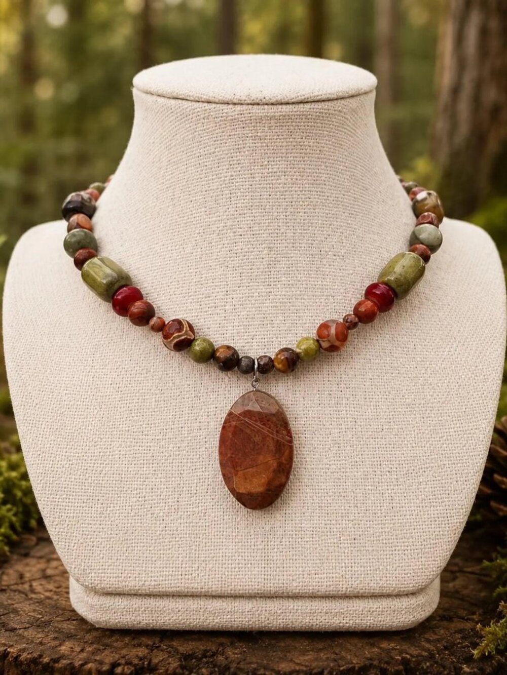 Boho Multi Stone Beaded Choker, 70s Earthy Pendant Choker, Witchy Woodland